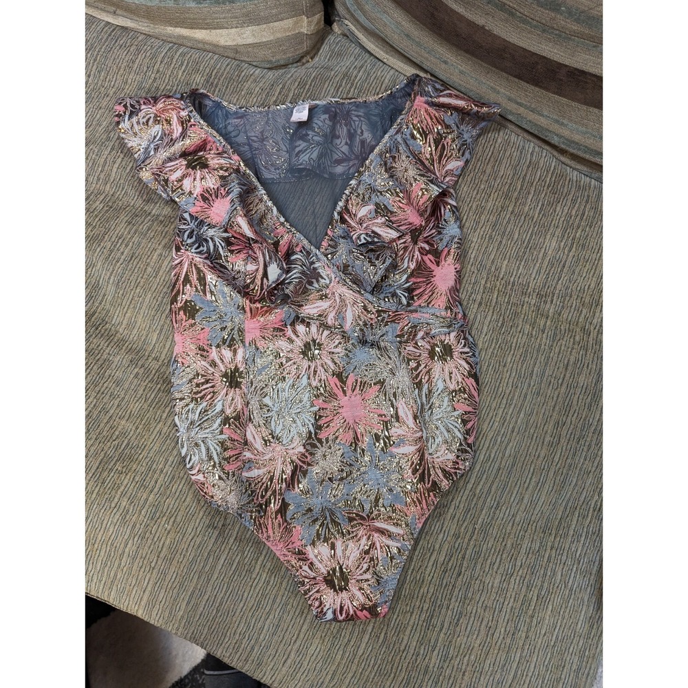 Victorias Secret M bodysuit multicolor sheer back ruffle neck shirt top NEW‎